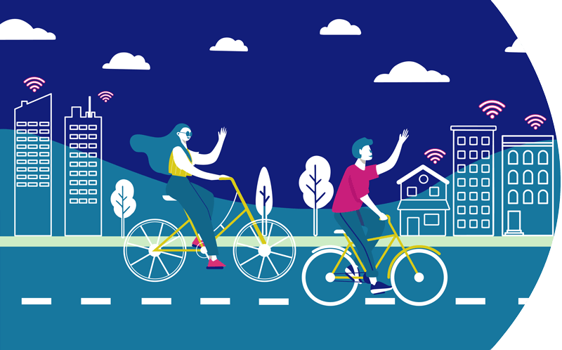 Ilustración de jovenes en bicicleta por la ciudad